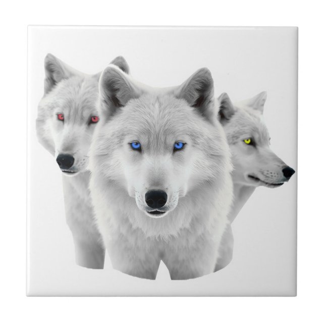 Three White Wolves Ceramic Tile (Front)