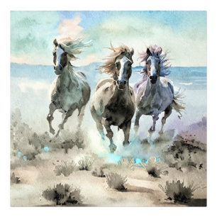 Three Wild Horses Race Across a Dusty Prairie Photo Print
