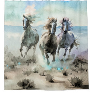 Three Wild Horses Race Across a Dusty Prairie Shower Curtain