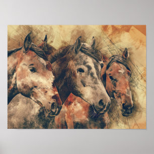 Three Wild Horses- Wild West Poster