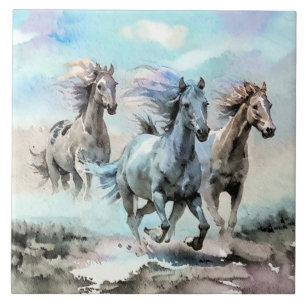 Three Wild Mustangs Race Across the Plains Ceramic Tile