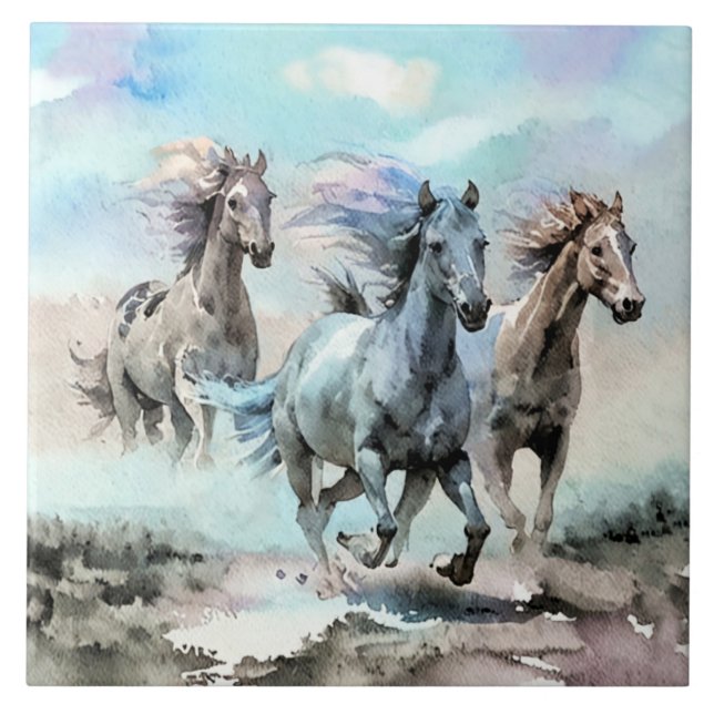 Three Wild Mustangs Race Across the Plains Ceramic Tile (Front)