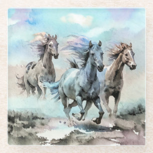 Three Wild Mustangs Race Across the Plains Glass Coaster
