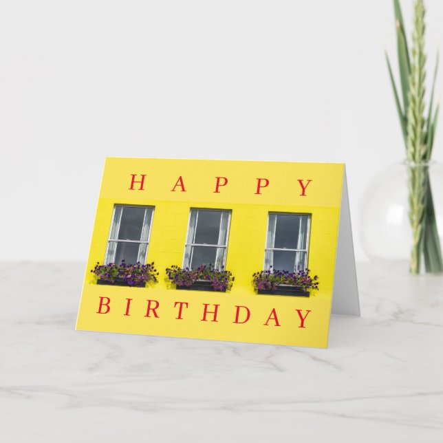Three windows on a yellow wall birthday card (Front)