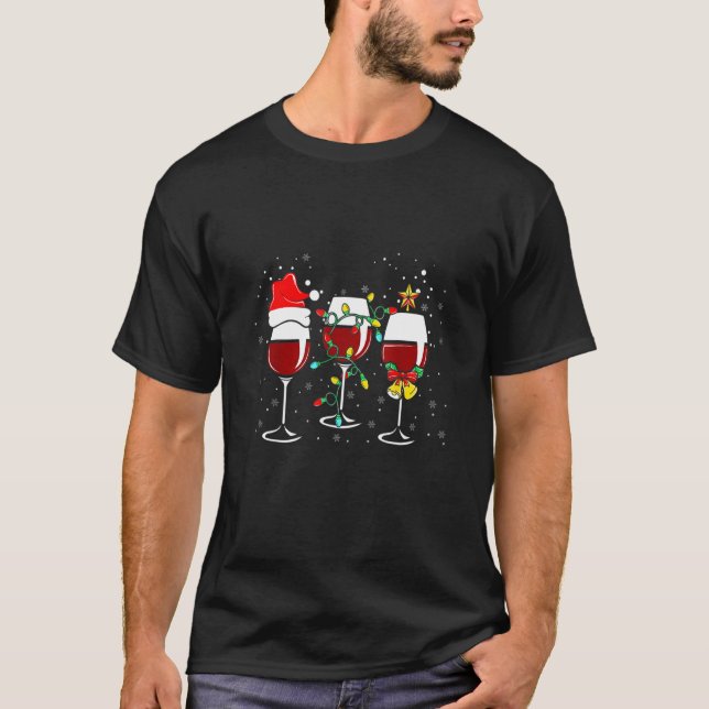 Three Wine Glasses Santa Hat Christmas  Wine  Xmas T-Shirt (Front)