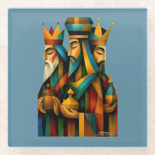 Three Wise Men Abstract Nativity Art Glass Coaster