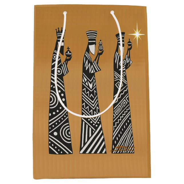 Three Wise Men Black & White Christmas Nativity Medium Gift Bag (Front)