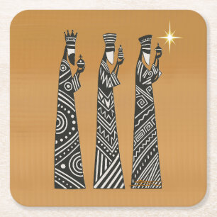 Three Wise Men Black & White Christmas Nativity Square Paper Coaster