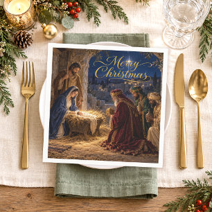Three Wise Men Merry Christmas Nativity Scene Napkin