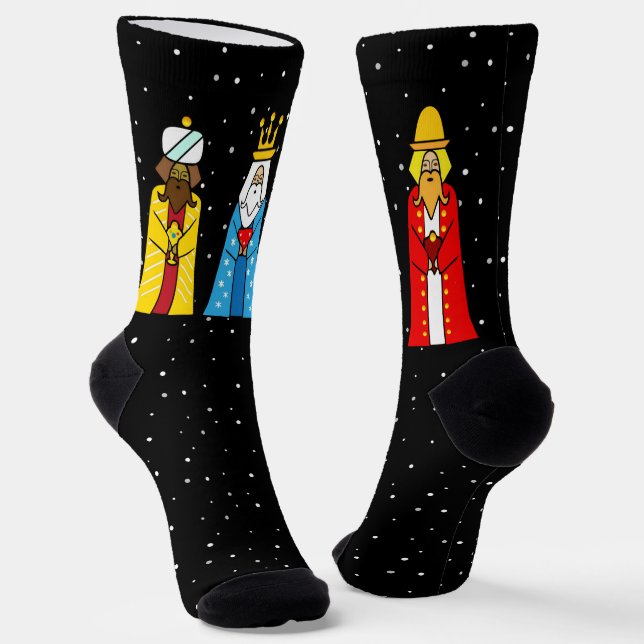 Three Wise Men & Snowflakes on Black Crew Socks (Angled)