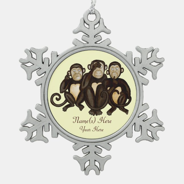 Three Wise Monkeys Snowflake Pewter Christmas Ornament (Front)