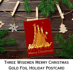 Three Wisemen Merry Christmas Gold  Foil Holiday Postcard