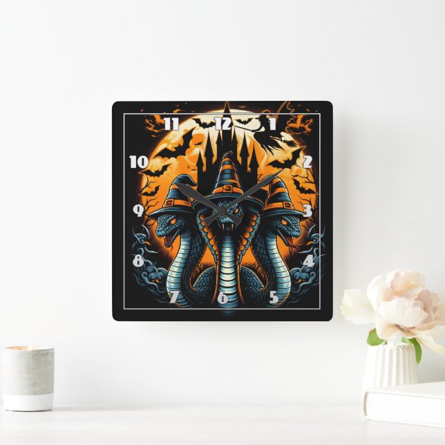 Three witch-hat snakes under a full moon square wall clock (Home)