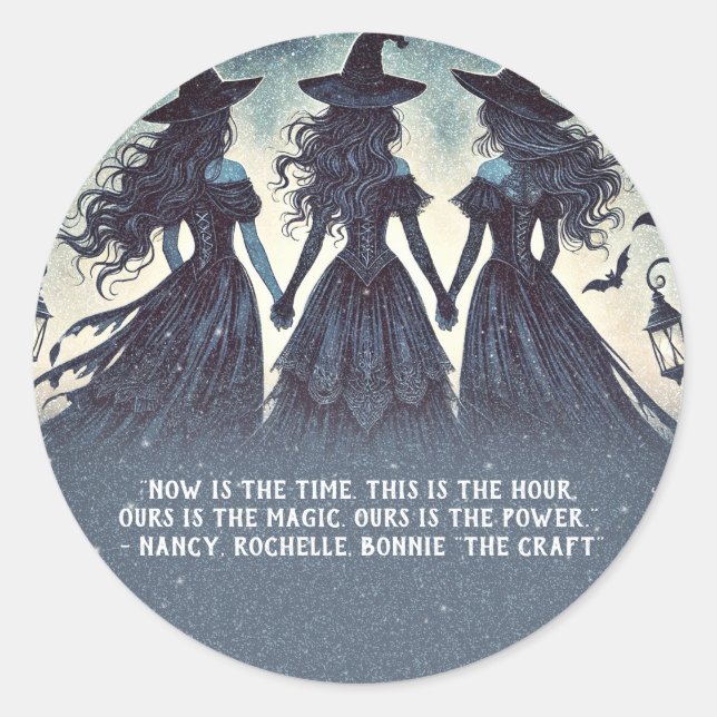 Three Witches at Night Starry Halloween Party Classic Round Sticker (Front)