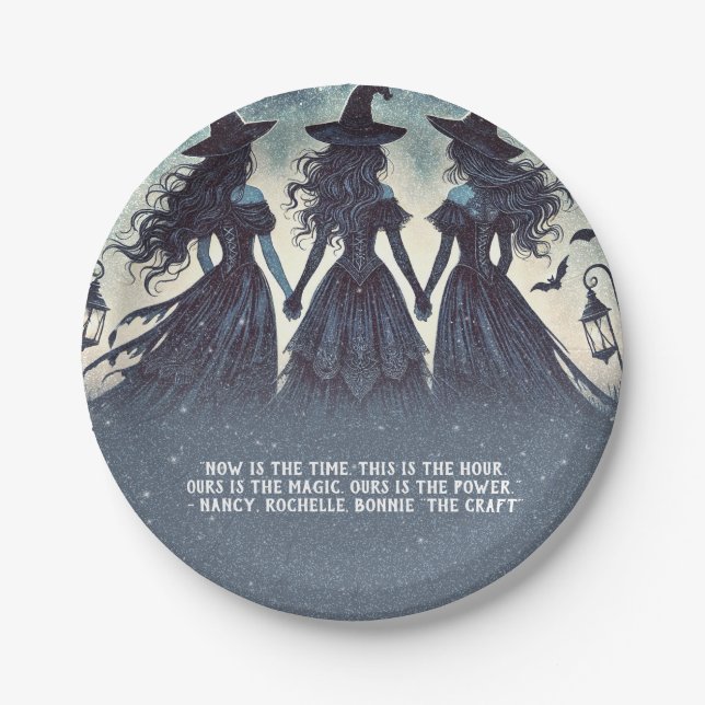 Three Witches at Night Starry Halloween Party Paper Plate (Front)