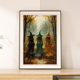 Three Witches Autumn Forest Vintage Halloween Wall Poster