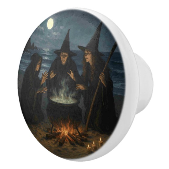 Three Witches Brew Cauldron Full Moon Beach  Ceramic Knob (Right)
