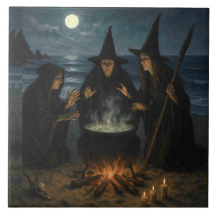 Three Witches Brew Cauldron Full Moon Beach Ceramic Tile