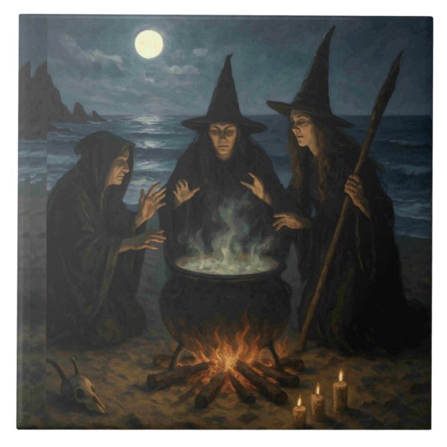 Three Witches Brew Cauldron Full Moon Beach  Ceramic Tile (Front)