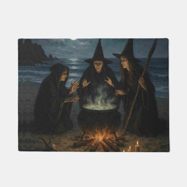 Three Witches Brew Cauldron Full Moon Beach  Doormat (Front)