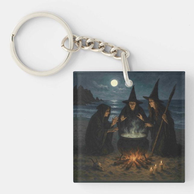 Three Witches Brew Cauldron Full Moon Beach  Key Ring (Front)