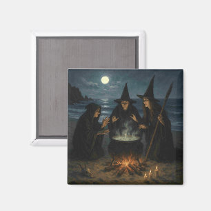 Three Witches Brew Cauldron Full Moon Beach Magnet