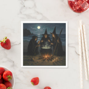 Three Witches Brew Cauldron Full Moon Beach Napkin
