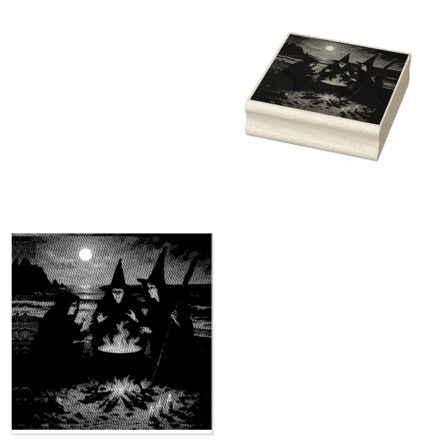 Three Witches Brew Cauldron Full Moon Beach  Rubber Stamp (Stamped)