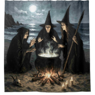 Three Witches Brew Cauldron Full Moon Beach Shower Curtain