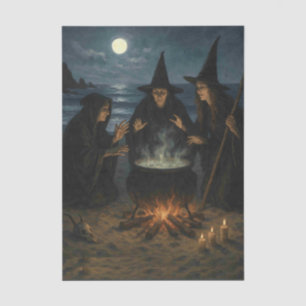 Three Witches Brew Cauldron Full Moon Beach  Tissue Paper