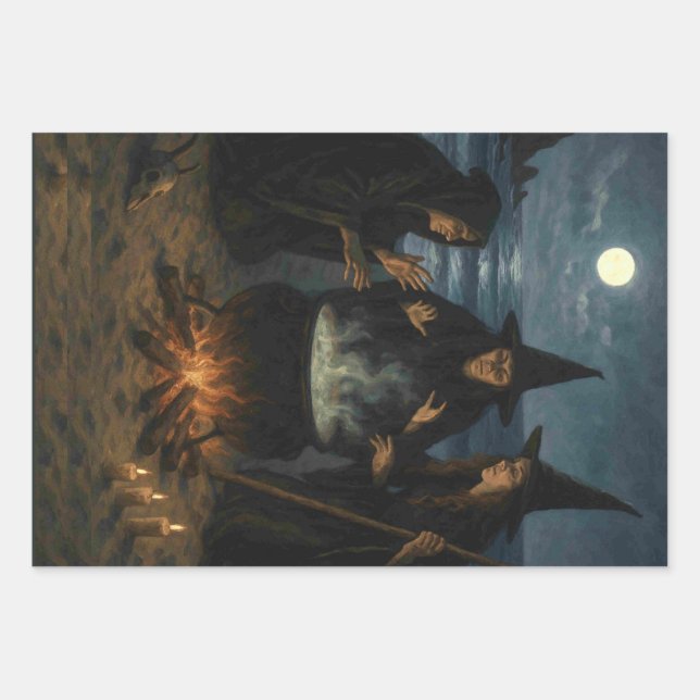 Three Witches Brew Cauldron Full Moon Beach  Wrapping Paper Sheet (Front 3)
