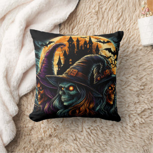 Three witches gather under a glowing full moon cushion