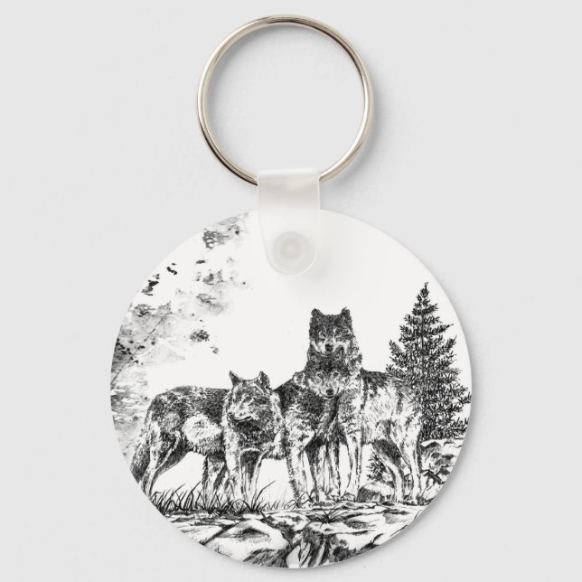 Three Wolf Illustration Key Chain (Front)