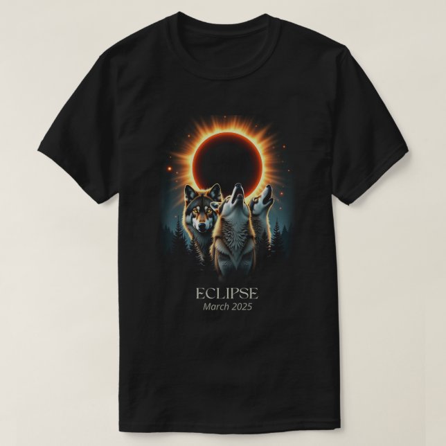 Three Wolves and Solar Eclipse, Forest Wolf Animal T-Shirt (Design Front)
