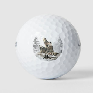 Three Wolves Howling Animal Monogram Art Golf Balls