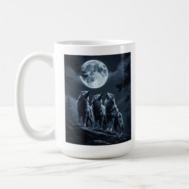 Three Wolves Howling at the Full Moon - Three Wolf Coffee Mug (Left)