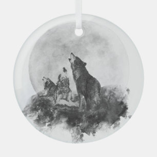 Three Wolves Howling at the Moon Animal Art Glass Tree Decoration