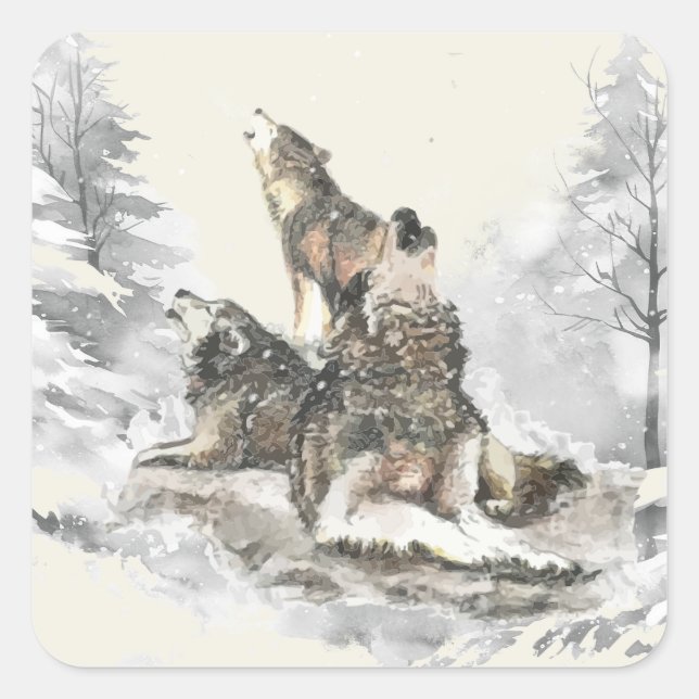 Three Wolves Howling Snowstorm Winter Wildlife  Square Sticker (Front)