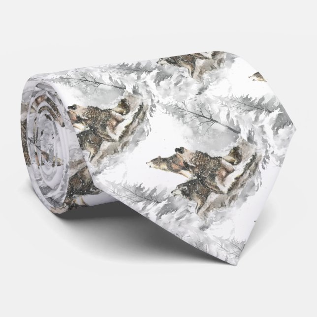 Three Wolves Howling Snowy Night Watercolor Tie (Rolled)
