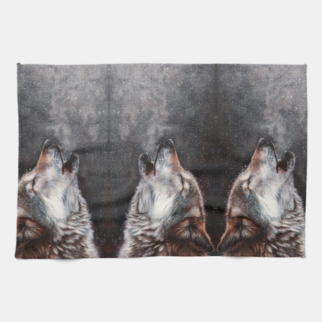 Three Wolves Howling Tea Towel (Horizontal)
