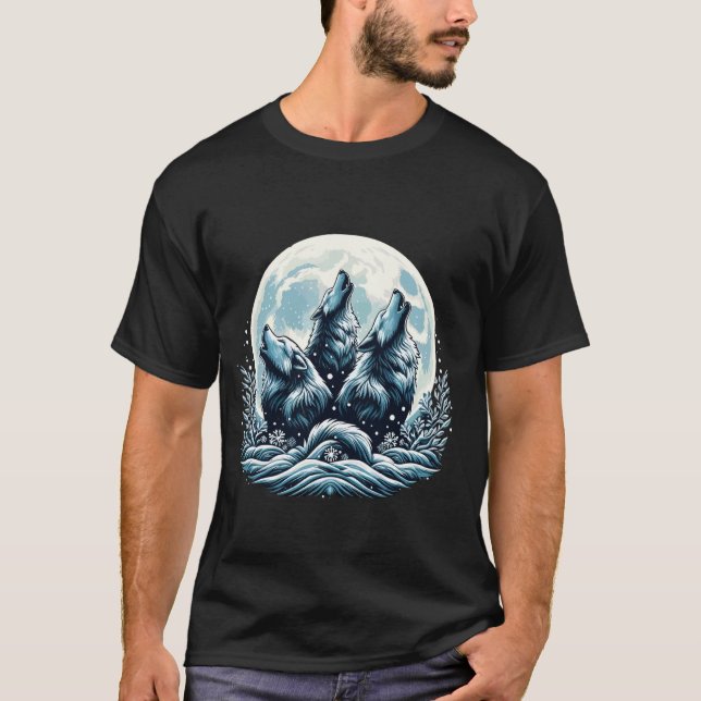 Three Wolves Howling Under Moon, Grey Wolf T-Shirt (Front)