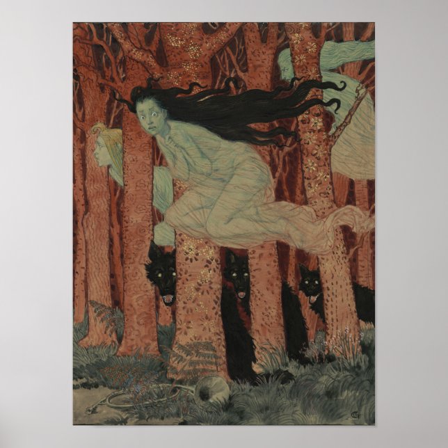 Three Women and Three Wolves Eugène Grasset Poster (Front)