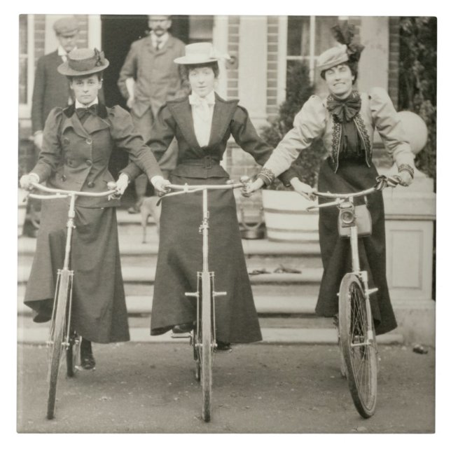 Three women on bicycles, early 1900s (b/w photo) ceramic tile (Front)