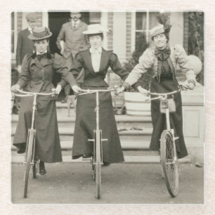 Three women on bicycles, early 1900s (b/w photo) glass coaster