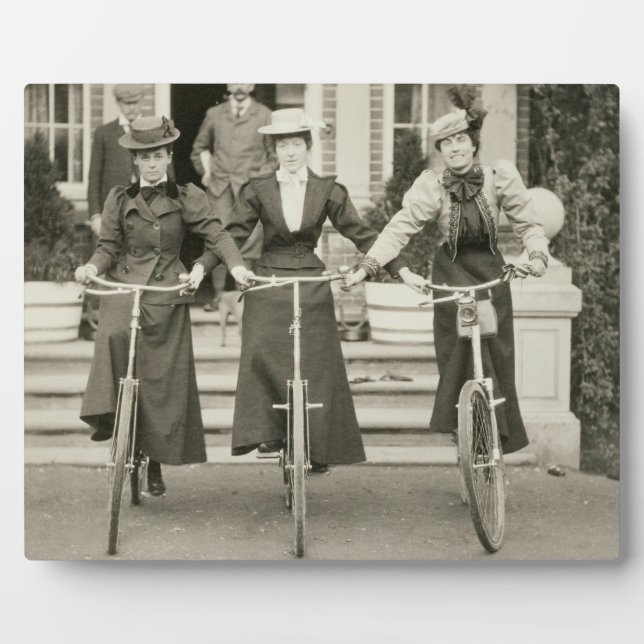 Three women on bicycles, early 1900s (b/w photo) plaque (Front)
