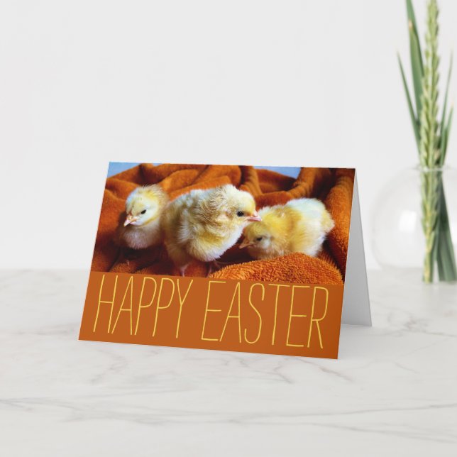 Three Yellow Chicks, Yellow & Orange Easter Card (Front)