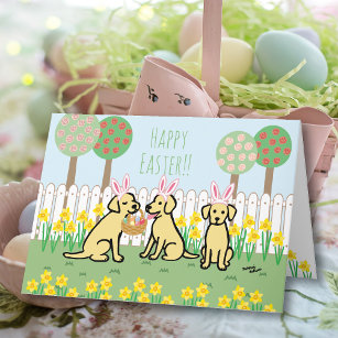 Three Yellow Labrador Easter Bunnies Garden Holiday Card