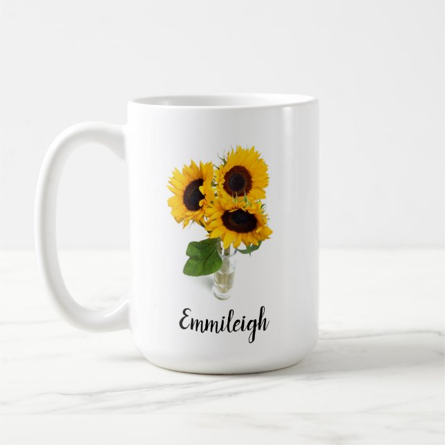 Three Yellow Sunflowers in Vase Custom Coffee Mug (Left)
