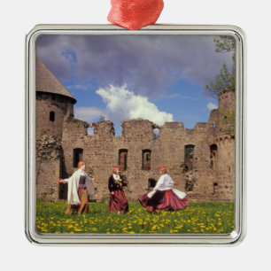Three young women in traditional clothes metal tree decoration