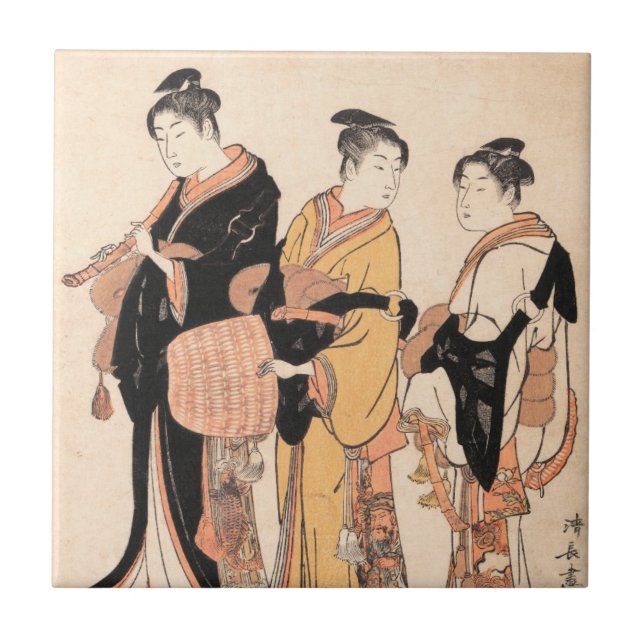 Three Young Women Masquerading as Komuso Ceramic Tile (Front)